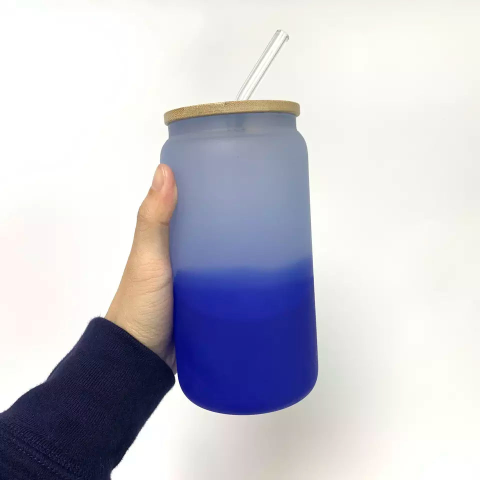 16oz Frosted Sublimation Mason Jar Cold Color Changing with Bamboo Lid and Straw